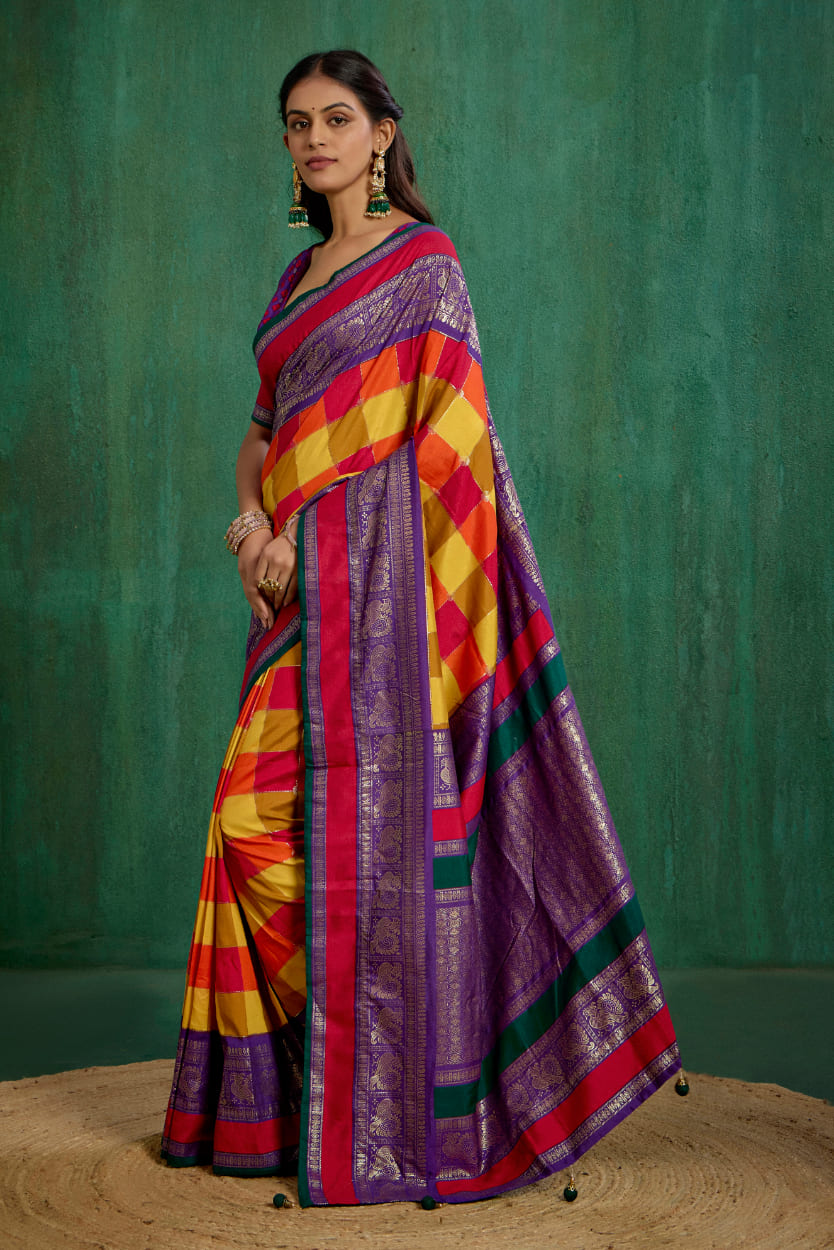 Shop Multi Elegant Tussar Silk Block Print Ready to Wear Sarees Online - Best Prices