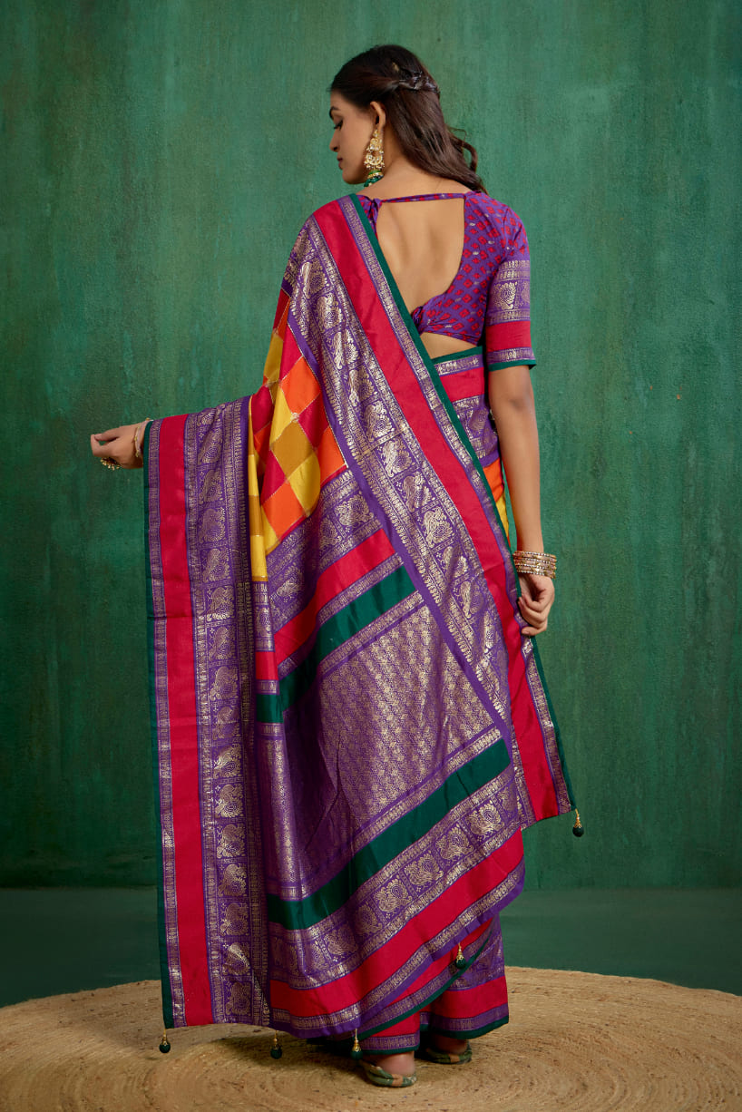 Shop Multi Elegant Tussar Silk Block Print Ready to Wear Sarees Online - Best Prices