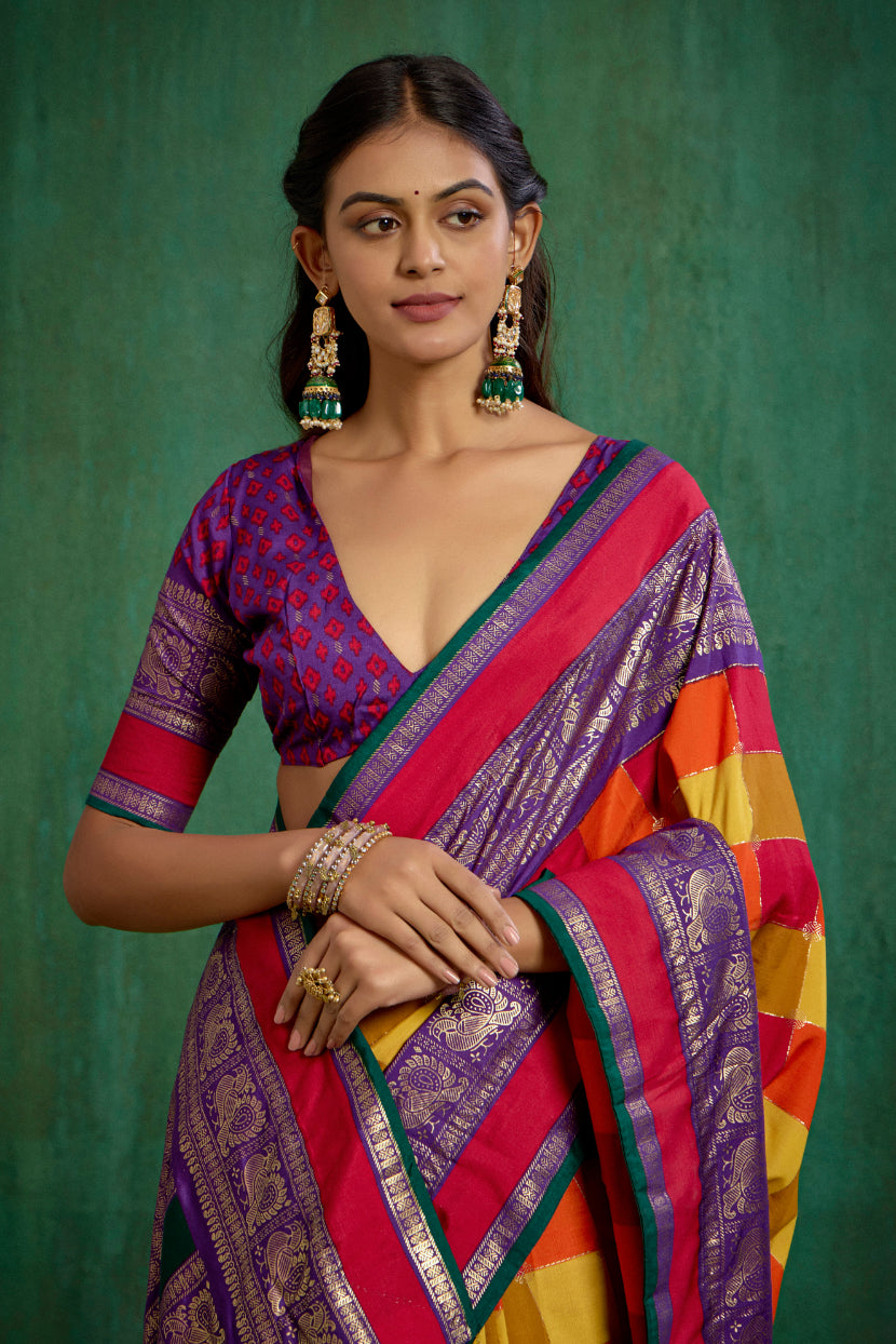 Shop Multi Elegant Tussar Silk Block Print Ready to Wear Sarees Online - Best Prices