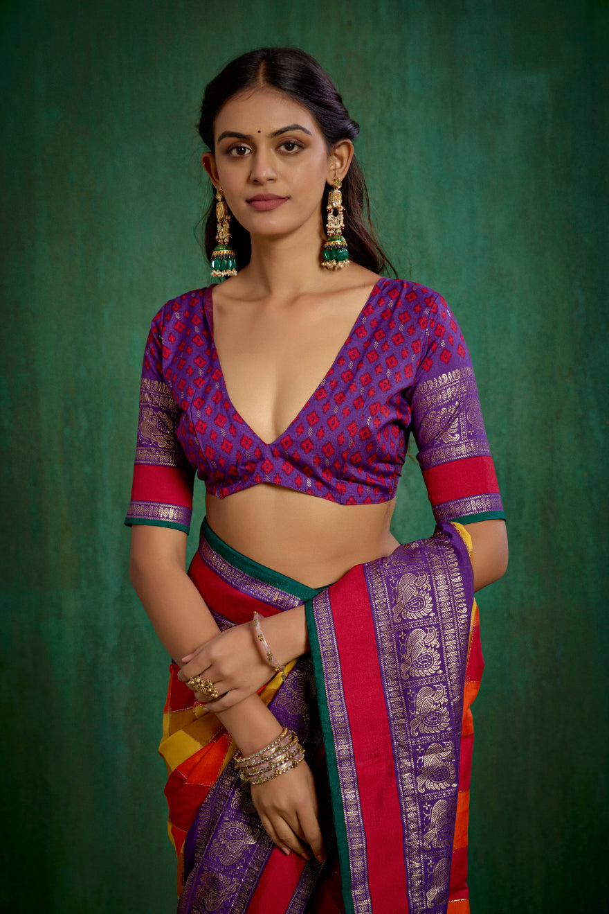 Shop Multi Elegant Tussar Silk Block Print Ready to Wear Sarees Online - Best Prices