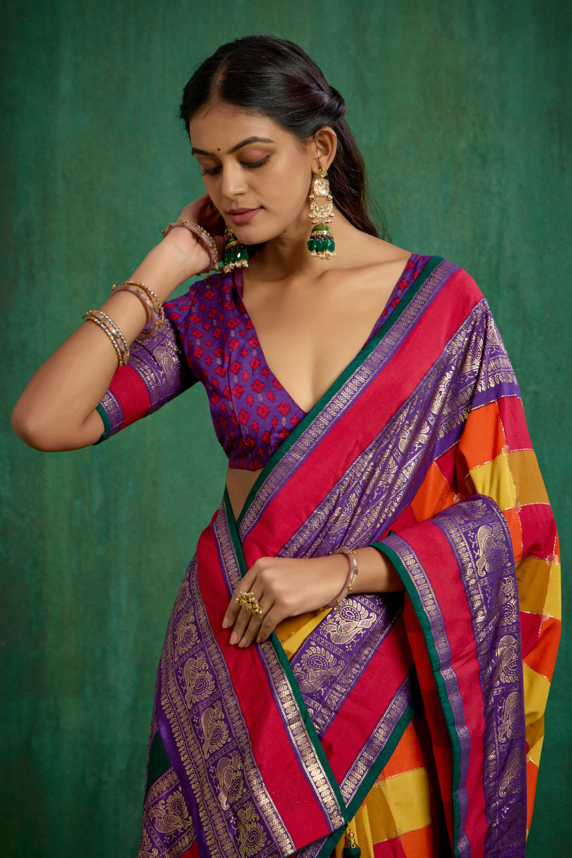 Shop Multi Elegant Tussar Silk Block Print Ready to Wear Sarees Online - Best Prices