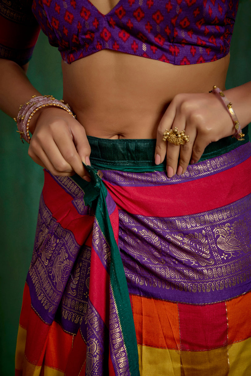 Shop Multi Elegant Tussar Silk Block Print Ready to Wear Sarees Online - Best Prices