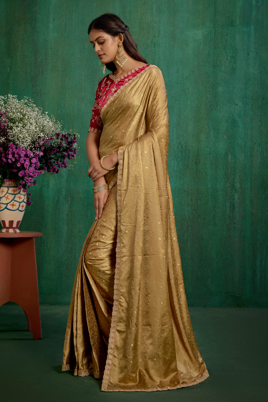 Brown Elegant Satin Jacquard Embroidery Ready to Wear Saree - Shop Now Online