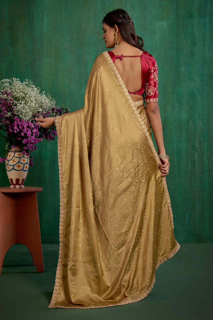 Brown Elegant Satin Jacquard Embroidery Ready to Wear Saree - Shop Now Online