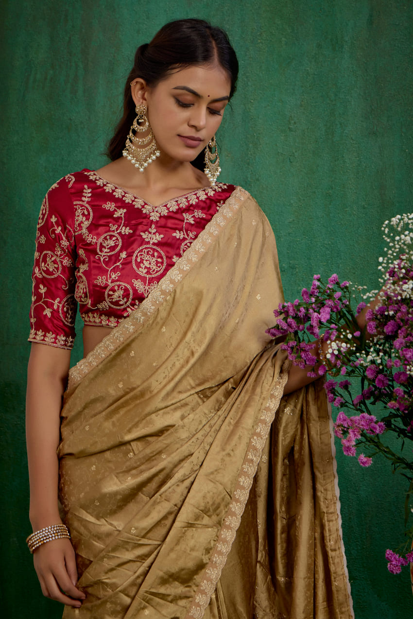 Brown Elegant Satin Jacquard Embroidery Ready to Wear Saree - Shop Now Online