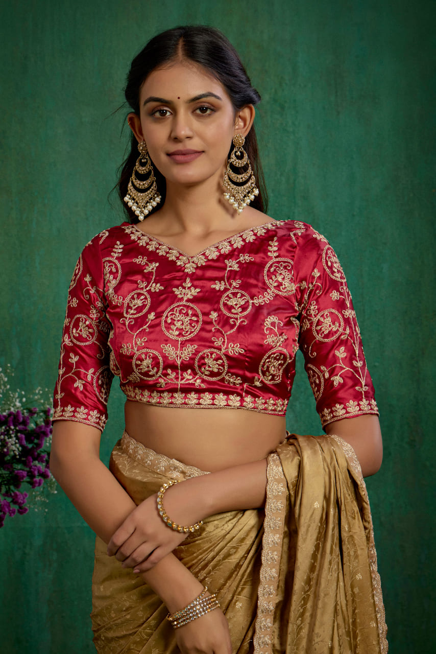 Brown Elegant Satin Jacquard Embroidery Ready to Wear Saree - Shop Now Online
