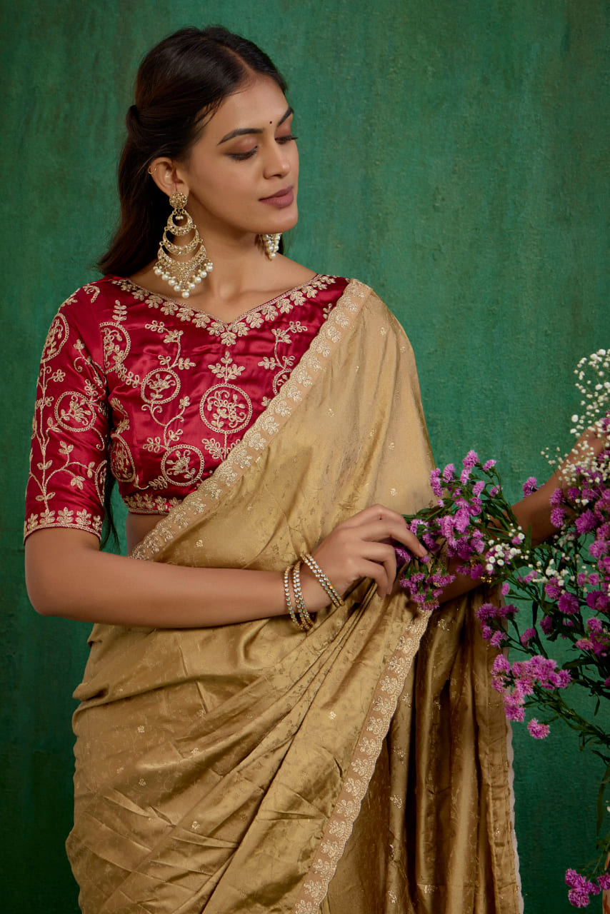 Brown Elegant Satin Jacquard Embroidery Ready to Wear Saree - Shop Now Online