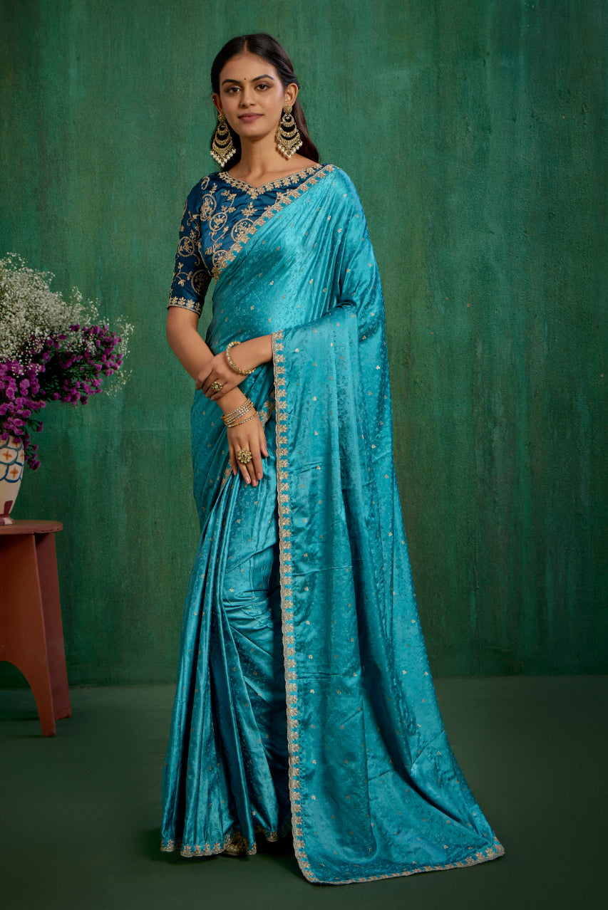 Sea Green Elegant Satin Jacquard Embroidery Ready to Wear Saree - Shop Now Online