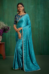 Sea Green Elegant Satin Jacquard Embroidery Ready to Wear Saree - Shop Now Online