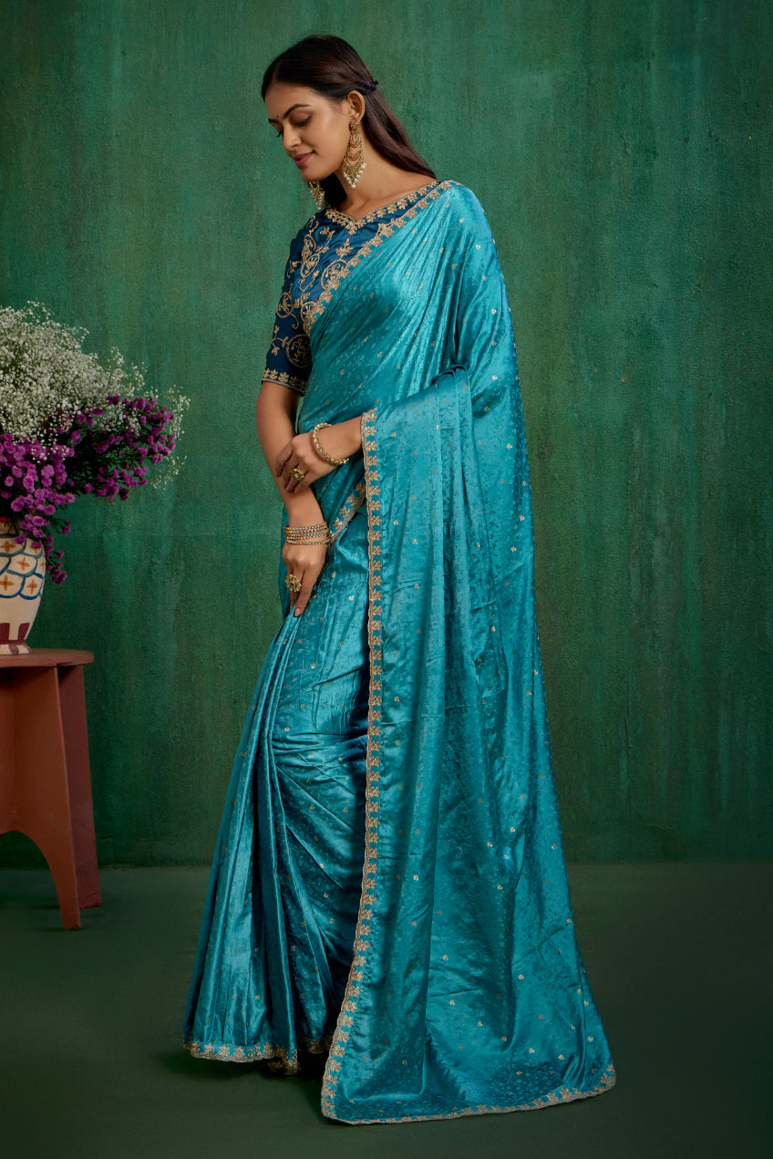 Sea Green Elegant Satin Jacquard Embroidery Ready to Wear Saree - Shop Now Online