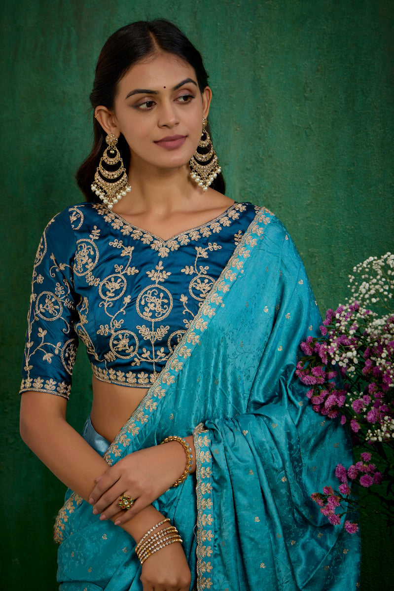 Sea Green Elegant Satin Jacquard Embroidery Ready to Wear Saree - Shop Now Online