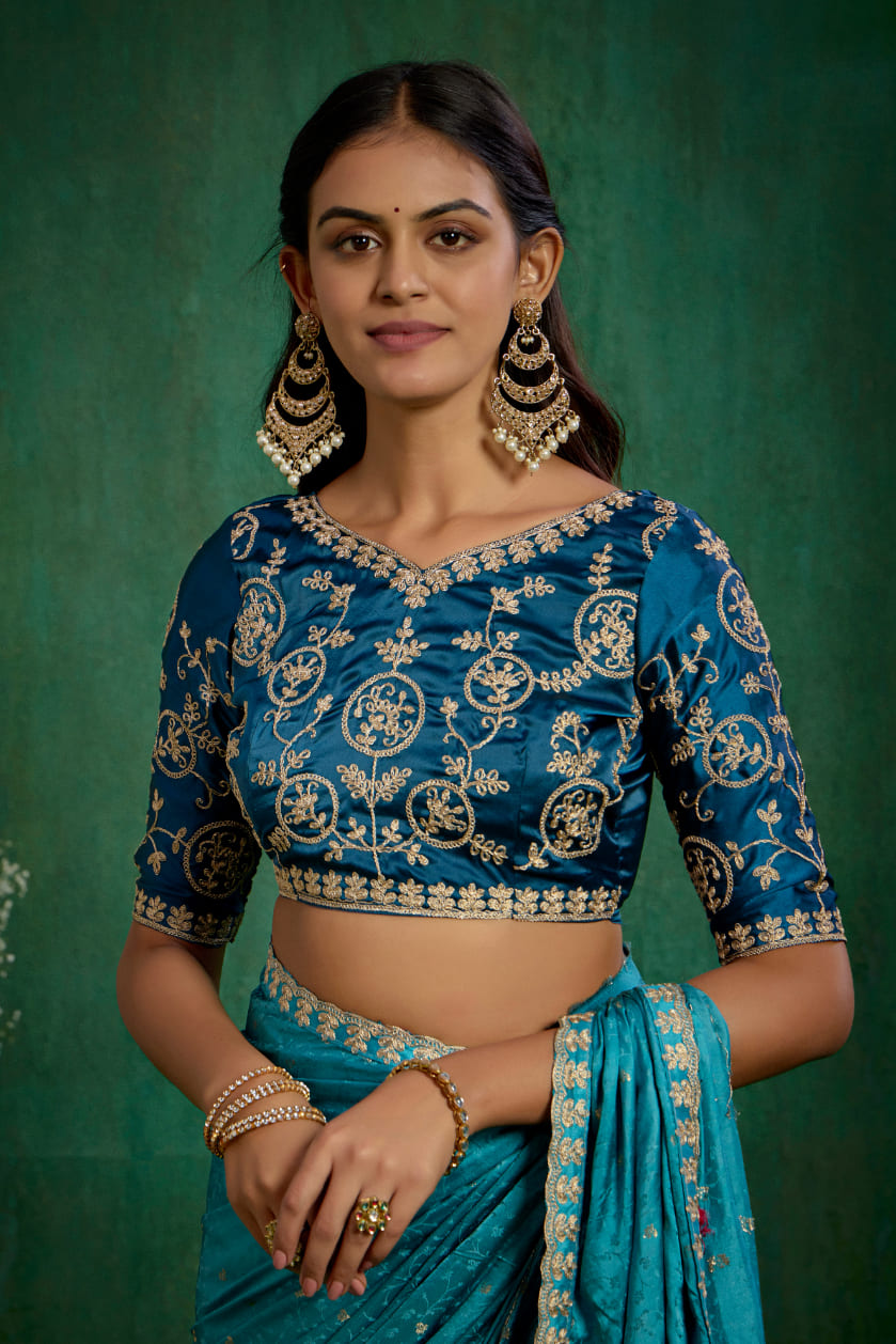 Sea Green Elegant Satin Jacquard Embroidery Ready to Wear Saree - Shop Now Online
