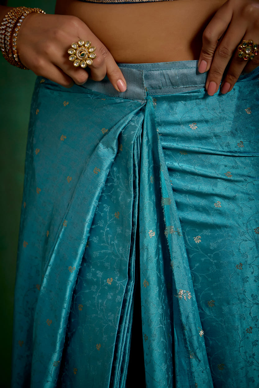 Sea Green Elegant Satin Jacquard Embroidery Ready to Wear Saree - Shop Now Online