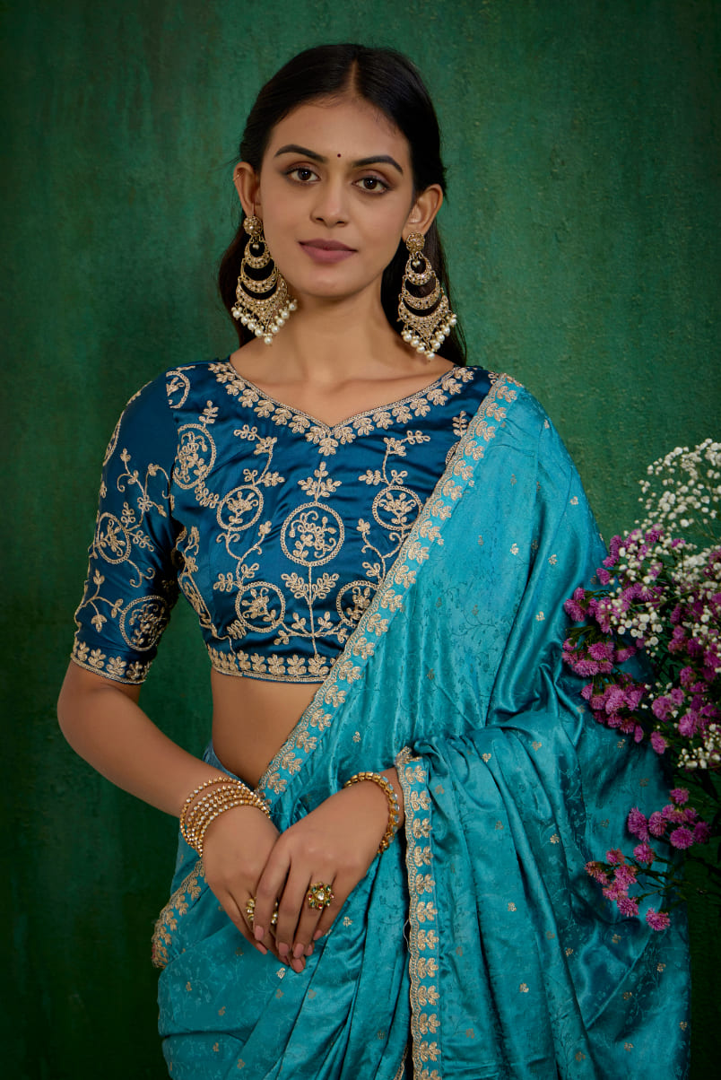 Sea Green Elegant Satin Jacquard Embroidery Ready to Wear Saree - Shop Now Online