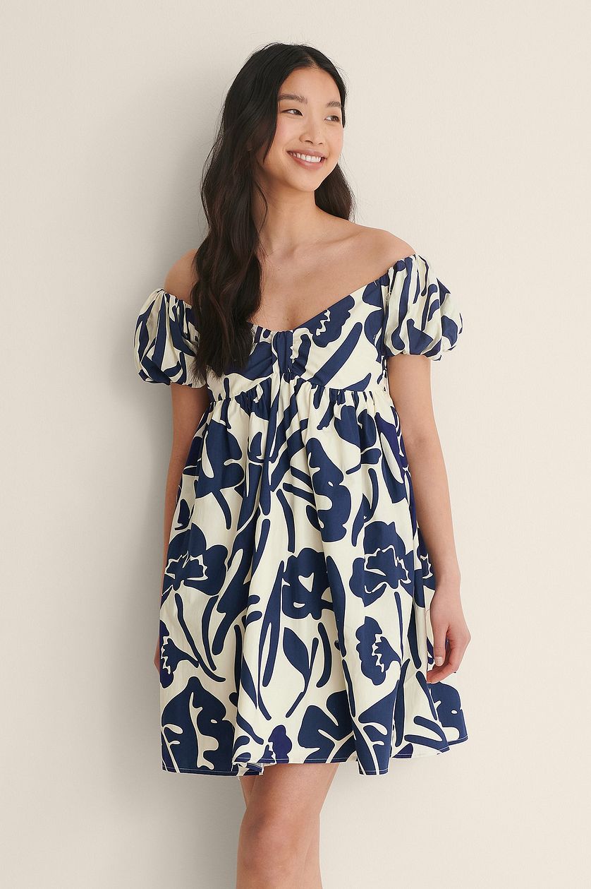 Blue Off Shoulder Mini Polyester Dress