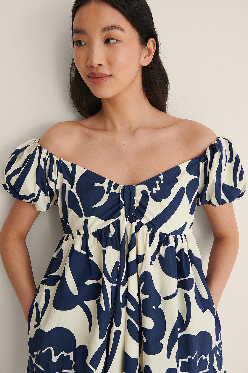 Blue Off Shoulder Mini Polyester Dress